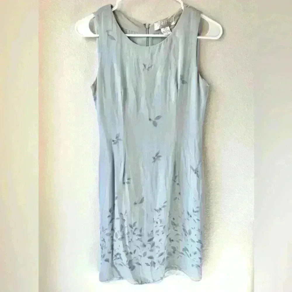 Vintage 90s PETITE SOPHISTICATE Blue Y2K Silk Floral Beaded Sleeveless Dress